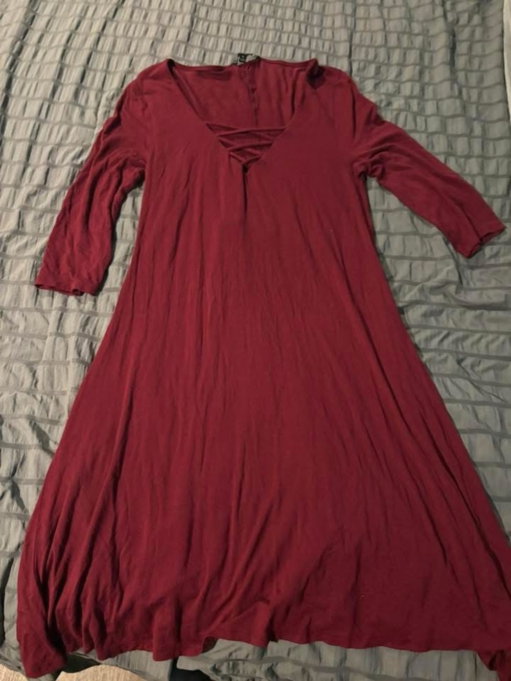Women’s Burgundy V-Neck Midi Dress with Crisscross Detail